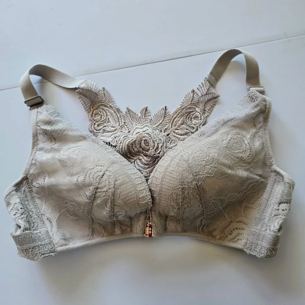 Taupe Lace Front-Close Bra‎ Rose Floral Racerback Rhinestone Women 42C Lingerie